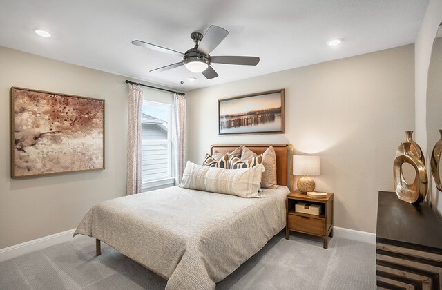 209 Golden Sage Ave, Georgetown, TX 78633 - bedroom featuring carpet flooring, baseboards, recessed lighting, and ceiling fan