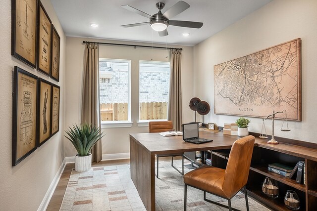209 Golden Sage Ave, Georgetown, TX 78633 - office space with ceiling fan, baseboards, and light wood-style floors
