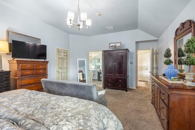 401 Southern Dr, Buda, TX 78610 - carpeted bedroom with lofted ceiling and a chandelier