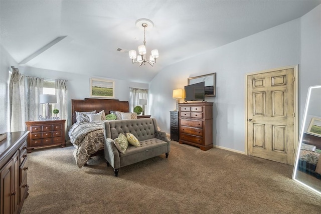 401 Southern Dr, Buda, TX 78610 - carpeted bedroom featuring multiple windows, vaulted ceiling, a chandelier, and baseboards
