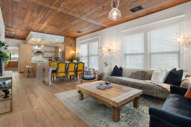 1307 E 2nd St, Austin, TX 78702 - living area with wooden ceiling, light wood-type flooring, and a chandelier