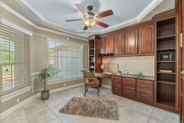 307 Palmetto Dr, Georgetown, TX 78633 - office space with built in desk, baseboards, crown molding, ceiling fan, and light tile patterned floors