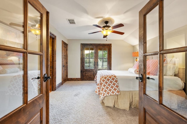 164 Camino Del Reserve, Comfort, TX 78013 - carpeted bedroom with french doors, baseboards, lofted ceiling, and ceiling fan