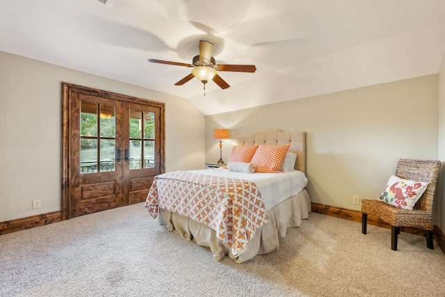 164 Camino Del Reserve, Comfort, TX 78013 - bedroom with carpet flooring, french doors, vaulted ceiling, a ceiling fan, and baseboards