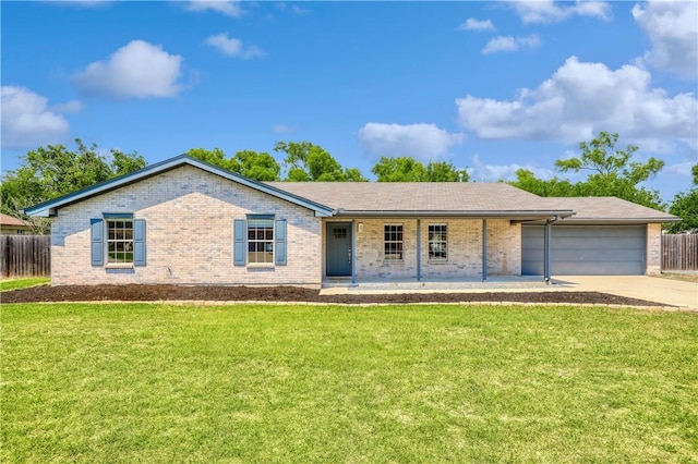 ranch-style house featuring brick siding, concrete driveway, an attached garage, and a porch