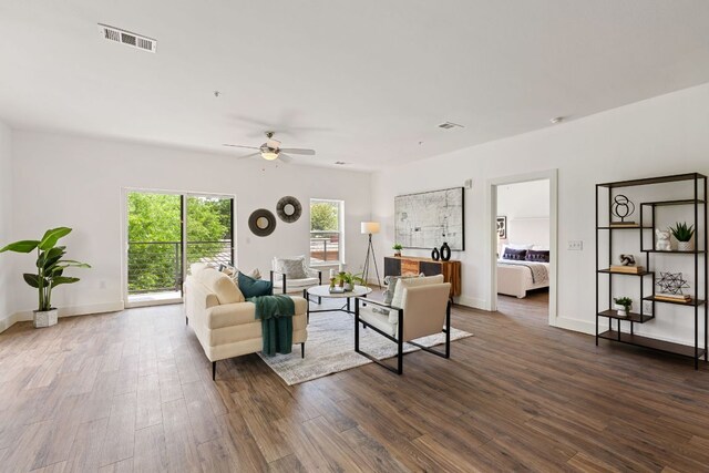 6444 Burnet Rd Unit 204, Austin, TX 78757 - living room featuring wood finished floors and a ceiling fan