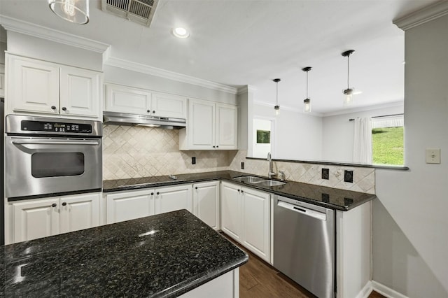 4905 Southcrest Dr, Austin, TX 78746 - kitchen featuring appliances with stainless steel finishes, a sink, under cabinet range hood, plenty of natural light, and crown molding