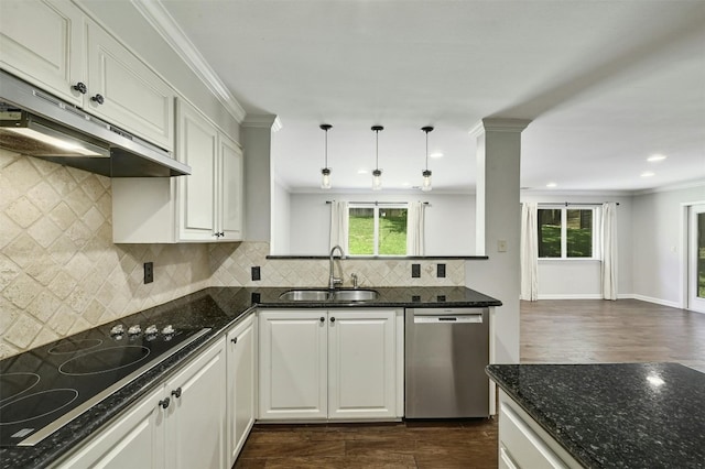 4905 Southcrest Dr, Austin, TX 78746 - kitchen with dishwasher, black electric cooktop, a sink, under cabinet range hood, and dark wood-type flooring