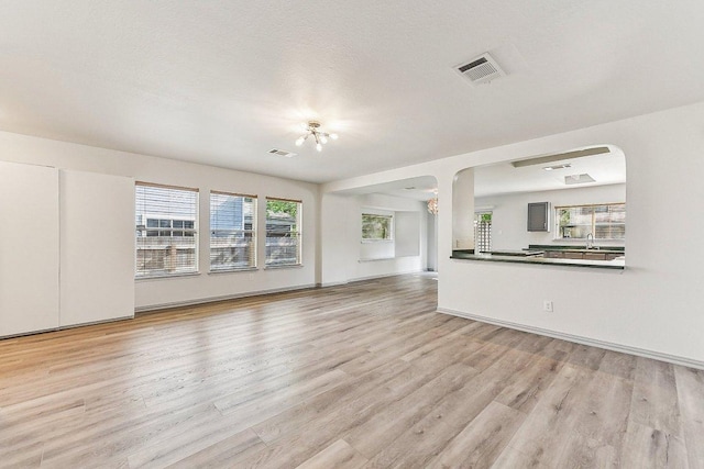 1208 Water Spaniel Way, Round Rock, TX 78664 - unfurnished living room featuring arched walkways, light wood-type flooring, and a sink