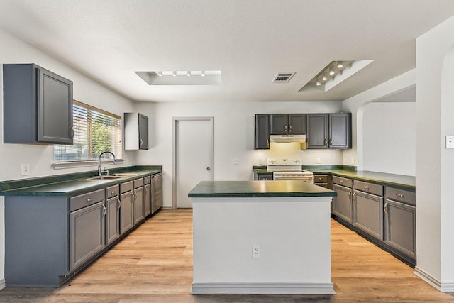 1208 Water Spaniel Way, Round Rock, TX 78664 - kitchen with electric range, a sink, under cabinet range hood, dark countertops, and a kitchen island