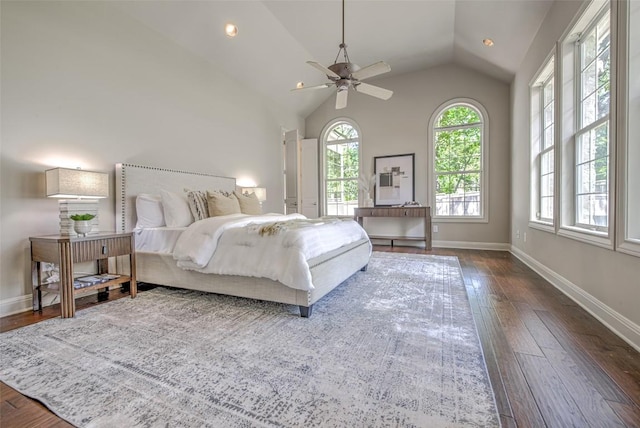 3508 Red River St, Austin, TX 78705 - bedroom featuring dark wood-type flooring, vaulted ceiling, baseboards, and a ceiling fan