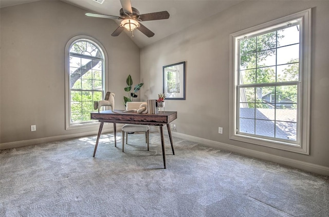 3508 Red River St, Austin, TX 78705 - carpeted home office with lofted ceiling, baseboards, and ceiling fan