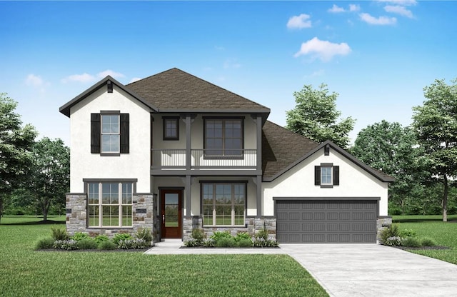 6716 Liberty Grotto Ct, Lago Vista, TX 78645 - view of front of home featuring stucco siding, a balcony, roof with shingles, concrete driveway, and a front yard