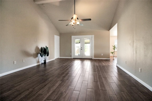 unfurnished living room featuring a ceiling fan, dark wood-style flooring, french doors, baseboards, and high vaulted ceiling