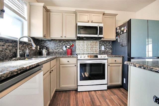 kitchen with appliances with stainless steel finishes, a sink, healthy amount of natural light, and dark wood-style flooring