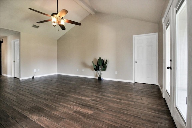 spare room with ceiling fan, dark wood-style flooring, and healthy amount of natural light