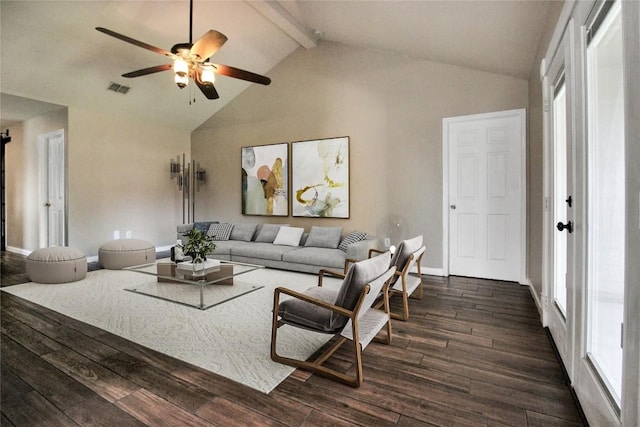 living room featuring dark wood-type flooring, beamed ceiling, a ceiling fan, baseboards, and high vaulted ceiling
