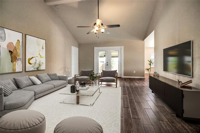 living area featuring dark wood finished floors, a ceiling fan, french doors, high vaulted ceiling, and baseboards