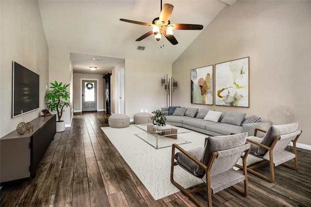 113 Hawkins Ln, Jarrell, TX 76537 - living area with high vaulted ceiling, a ceiling fan, and dark wood-style floors