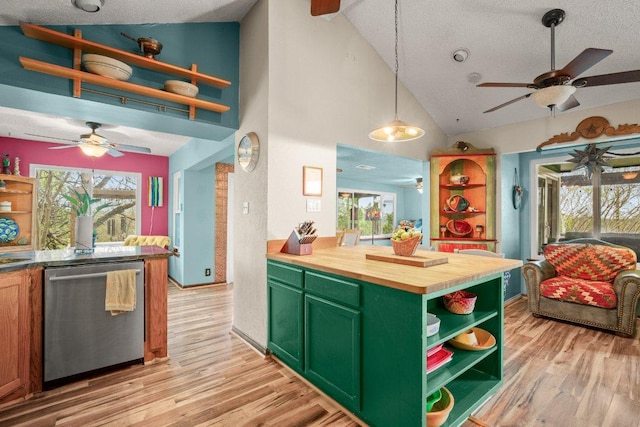 6906 Chinook Dr, Austin, TX 78736 - kitchen featuring open shelves, dishwasher, ceiling fan, butcher block counters, and a textured ceiling