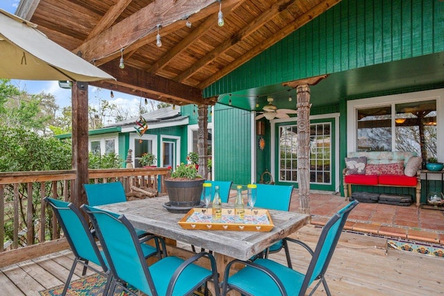 6906 Chinook Dr, Austin, TX 78736 - wooden deck featuring outdoor dining space, french doors, and a ceiling fan