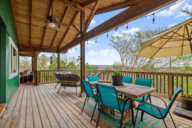 6906 Chinook Dr, Austin, TX 78736 - deck featuring ceiling fan and outdoor dining space