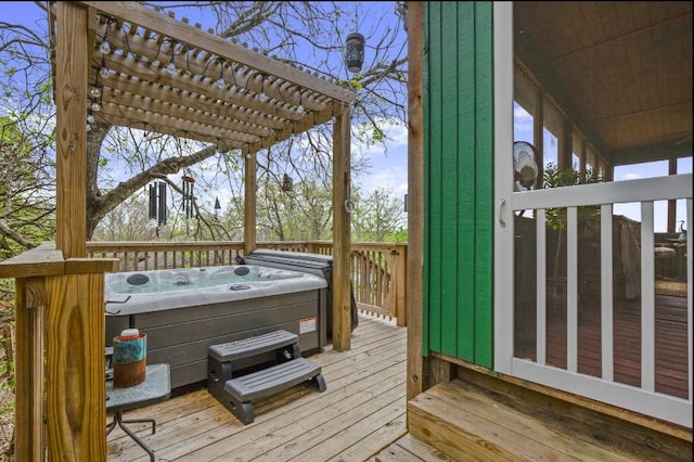 6906 Chinook Dr, Austin, TX 78736 - wooden deck featuring a hot tub and a pergola
