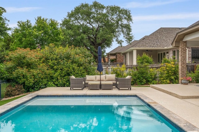 10515 Bryson Dr, Temple, TX 76502 - view of swimming pool featuring a fenced backyard, a patio area, a ceiling fan, and an outdoor hangout area