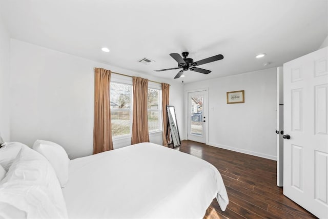 3225 Homan Ave, Waco, TX 76707 - bedroom featuring recessed lighting, dark wood-type flooring, a ceiling fan, baseboards, and access to exterior
