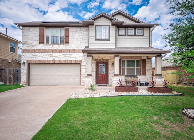 view of front of home featuring a porch, stone siding, a garage, and concrete driveway