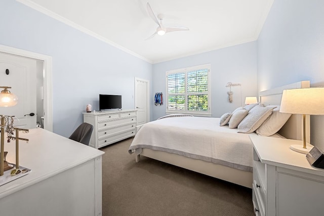 4020 Texas Wildlife Trl, Austin, TX 78735 - bedroom featuring ornamental molding, dark carpet, and ceiling fan