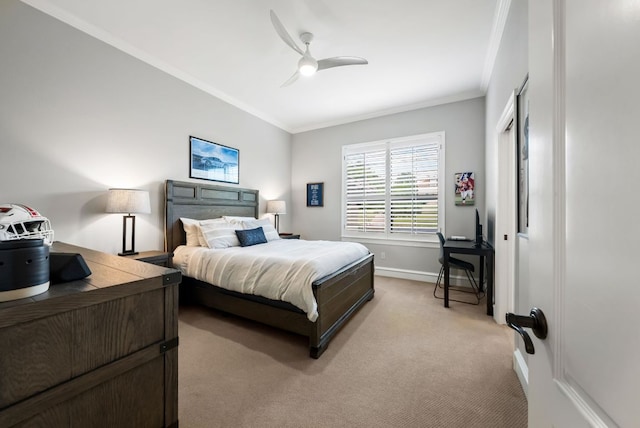 4020 Texas Wildlife Trl, Austin, TX 78735 - bedroom featuring light colored carpet, ornamental molding, and ceiling fan