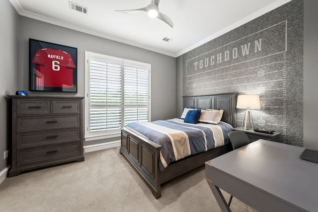 4020 Texas Wildlife Trl, Austin, TX 78735 - bedroom with crown molding, light colored carpet, ceiling fan, and baseboards