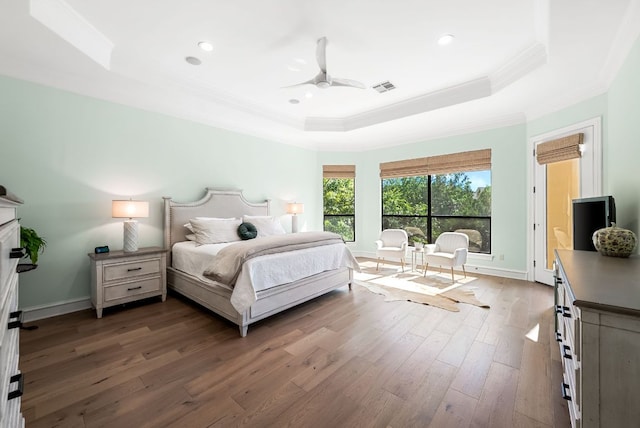4020 Texas Wildlife Trl, Austin, TX 78735 - bedroom with a tray ceiling, crown molding, wood finished floors, ceiling fan, and recessed lighting