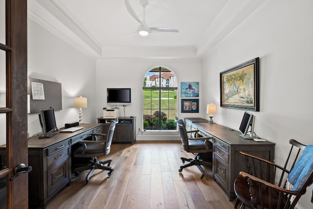 4020 Texas Wildlife Trl, Austin, TX 78735 - office space with wood-type flooring, a tray ceiling, a ceiling fan, and crown molding