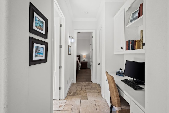 4020 Texas Wildlife Trl, Austin, TX 78735 - office space featuring stone tile floors, ornamental molding, built in desk, and baseboards