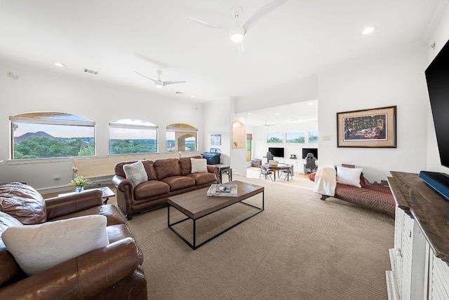 4020 Texas Wildlife Trl, Austin, TX 78735 - living room with recessed lighting, carpet flooring, and a ceiling fan