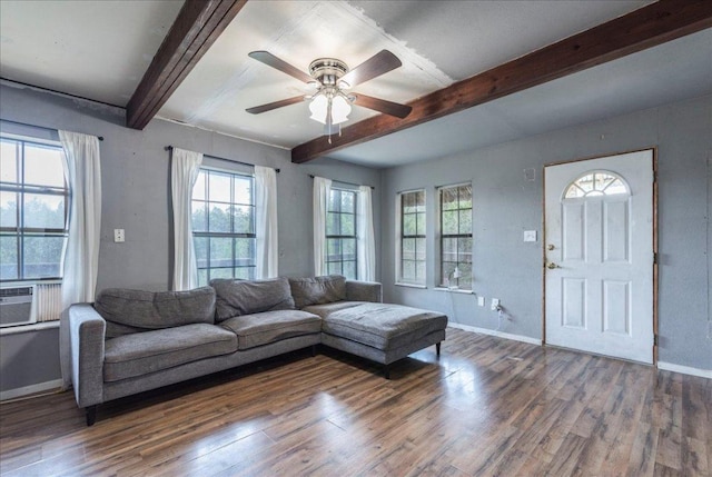 990 Oak Mdws, San Marcos, TX 78666 - living room featuring ceiling fan, plenty of natural light, wood finished floors, and beam ceiling