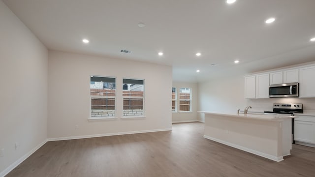 329 Lone Cedar Rd, Marble Falls, TX 78654 - kitchen featuring appliances with stainless steel finishes, light wood-style floors, recessed lighting, a center island with sink, and white cabinetry