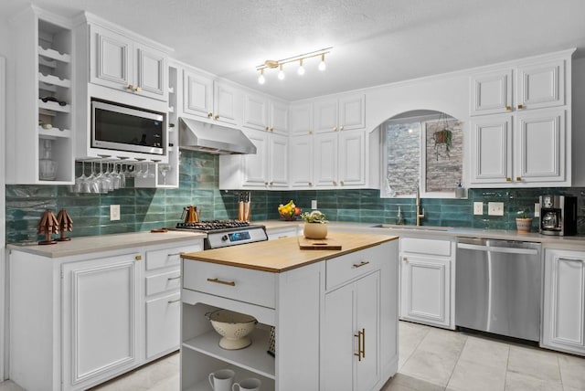 kitchen featuring appliances with stainless steel finishes, under cabinet range hood, a sink, open shelves, and white cabinetry