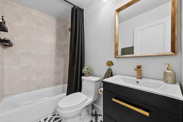 full bathroom featuring toilet, shower / bath combination with curtain, and vanity