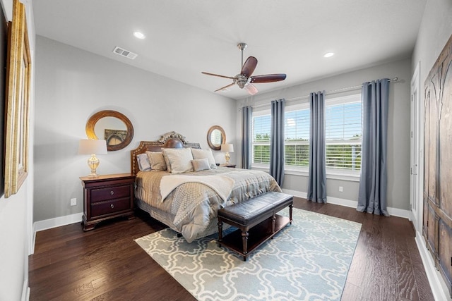 128 Tuscany Way, Georgetown, TX 78633 - bedroom featuring dark wood-style floors, baseboards, recessed lighting, and a ceiling fan