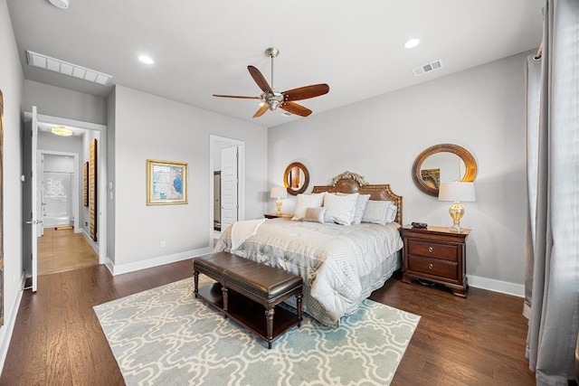128 Tuscany Way, Georgetown, TX 78633 - bedroom with baseboards, wood finished floors, recessed lighting, and a ceiling fan
