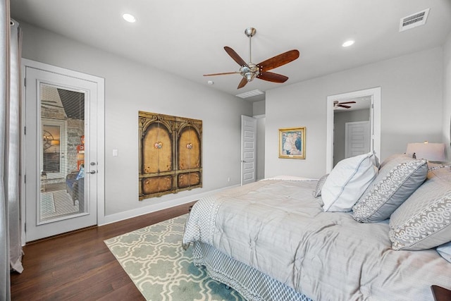 128 Tuscany Way, Georgetown, TX 78633 - bedroom with wood finished floors, recessed lighting, access to outside, ceiling fan, and baseboards