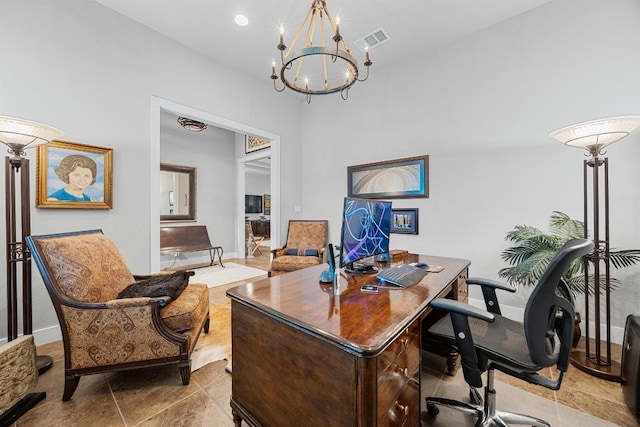 128 Tuscany Way, Georgetown, TX 78633 - office area with a chandelier and baseboards
