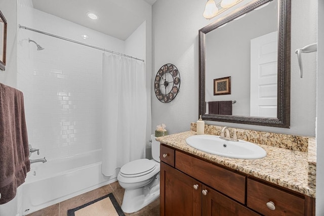 128 Tuscany Way, Georgetown, TX 78633 - bathroom featuring toilet, vanity, shower / bath combo with shower curtain, and tile patterned flooring