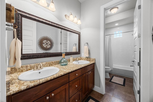 128 Tuscany Way, Georgetown, TX 78633 - bathroom featuring double vanity, toilet, shower / bathtub combination with curtain, and tile patterned floors