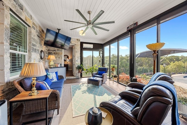 128 Tuscany Way, Georgetown, TX 78633 - sunroom / solarium featuring ceiling fan, outdoor lounge area, wooden ceiling, a wall mounted AC, and wood finished floors