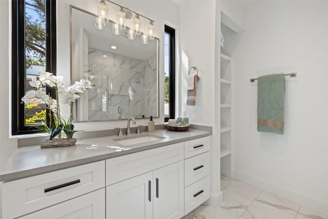 3705 Wilson St Unit 1, Austin, TX 78704 - full bath with a marble finish shower, vanity, and marble finish flooring