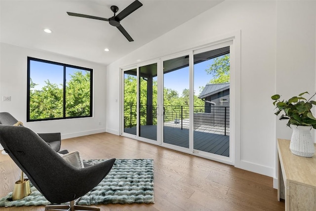3705 Wilson St Unit 1, Austin, TX 78704 - sitting room with ceiling fan, vaulted ceiling, wood finished floors, and recessed lighting